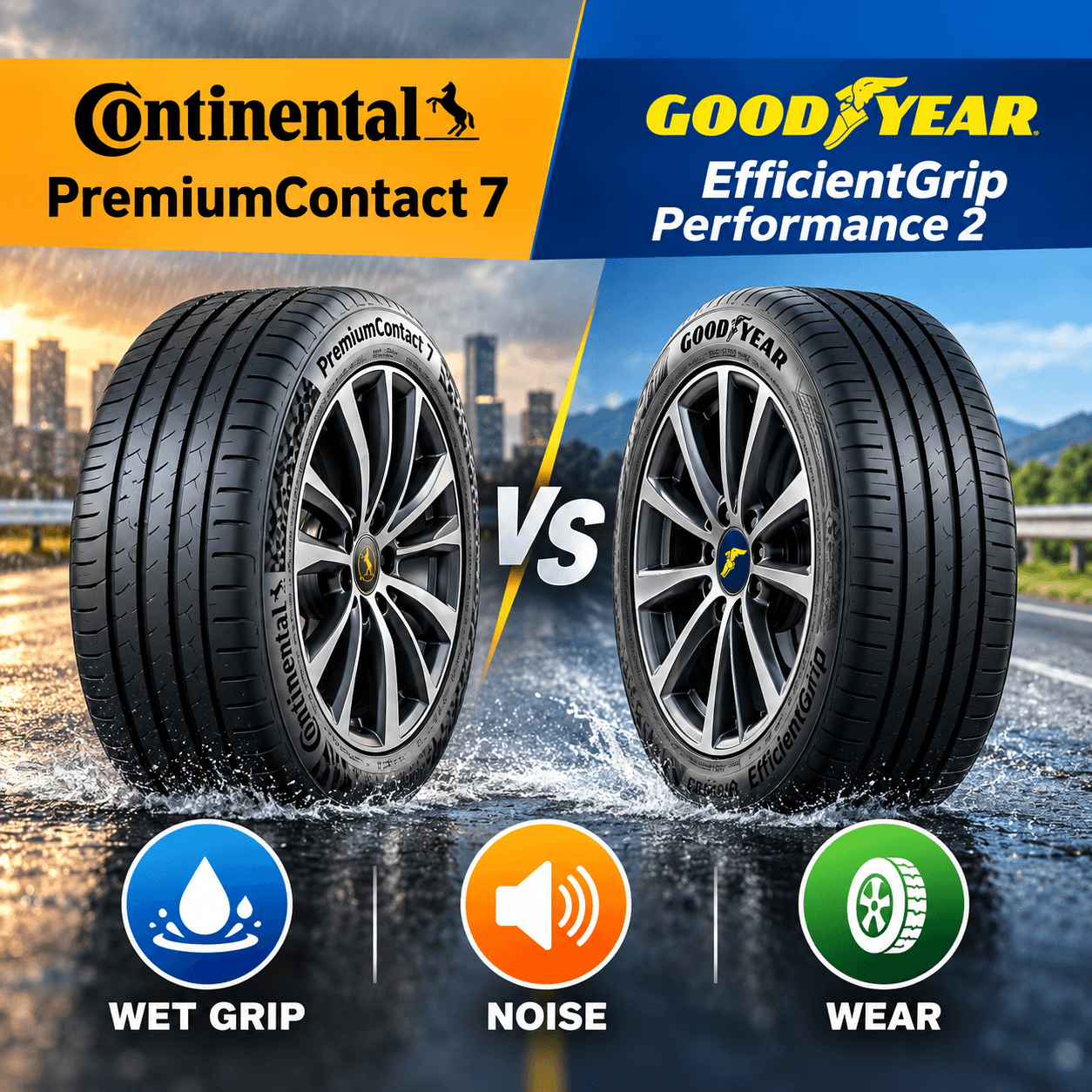 Continental PremiumContact 7 Vs Goodyear EfficientGrip Performance 2: Wet Grip, Noise, And Wear